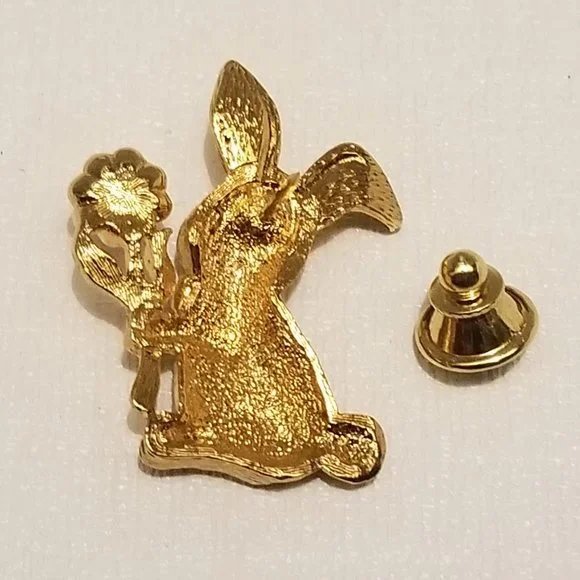 Vtg goldtone Avon bunny pin w pink enamel rhinestone flower - Picture 5 of 9